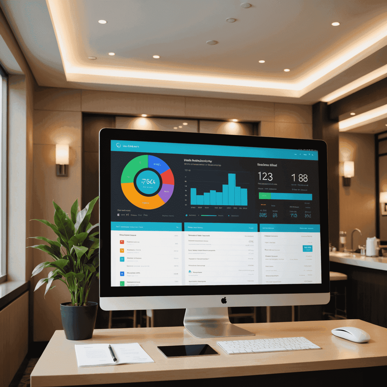 Immagine di un moderno sistema di gestione alberghiera con dashboard interattiva che mostra statistiche e prenotazioni in tempo reale