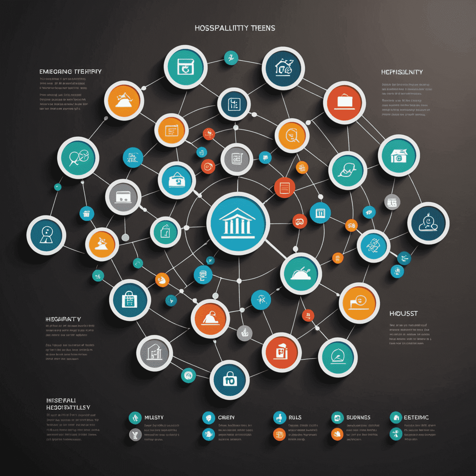 Immagine che mostra un grafico di tendenze emergenti nel settore alberghiero, con icone di tecnologia e ospitalità